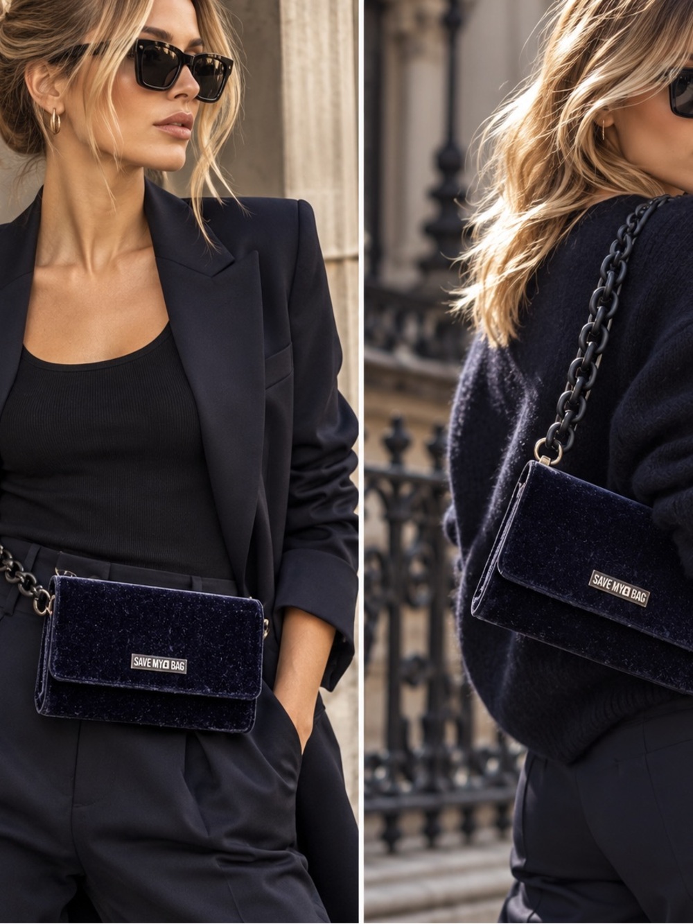 Italian Navy Velvet Chain Crossbody/Belt Bag - Women